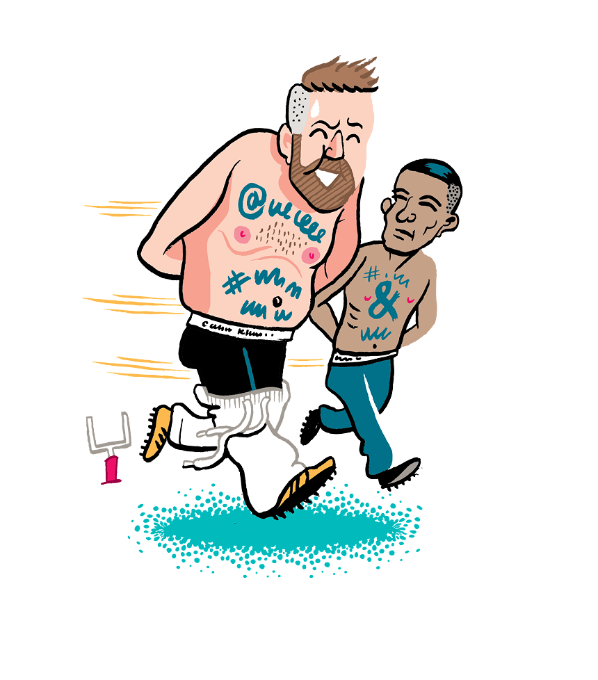 caricature of two shirtless men streaking on a football field