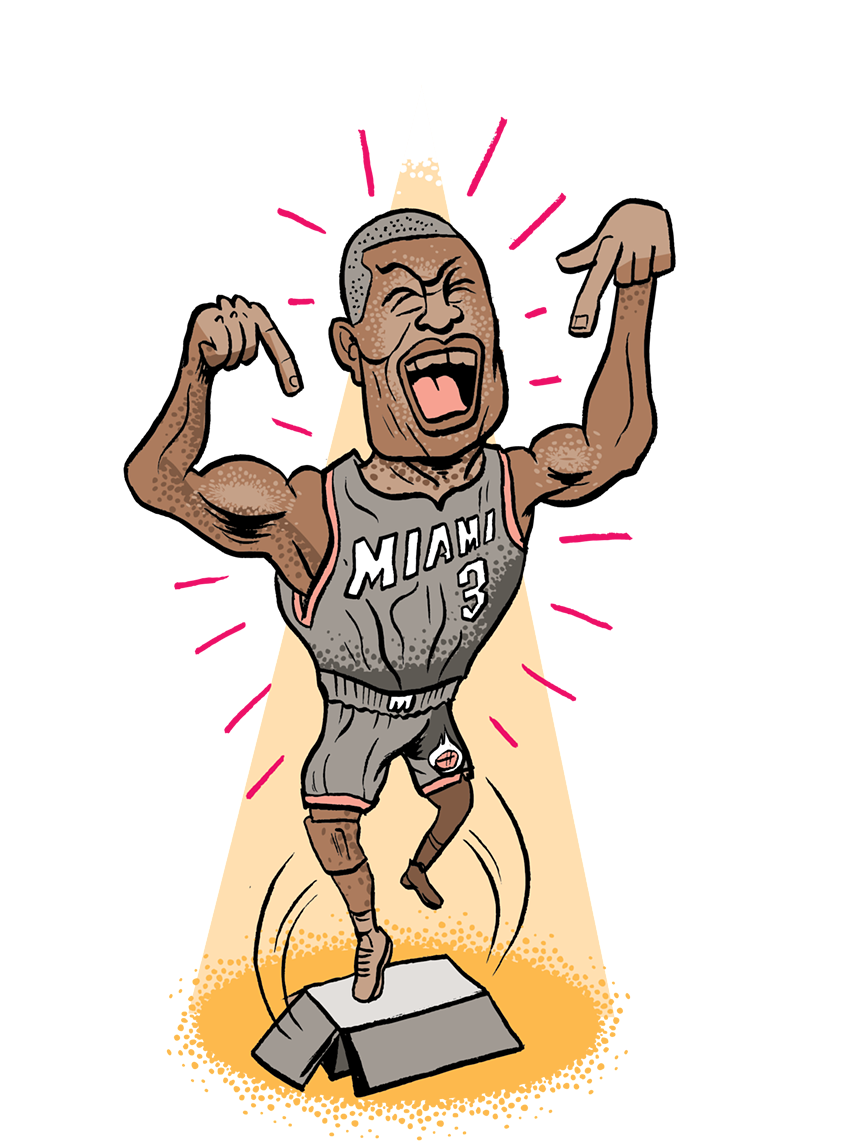 caricature of the statue of Miami Heat icon Dwyane Wade that now sits outside the Kaseya Center in downtown Miami