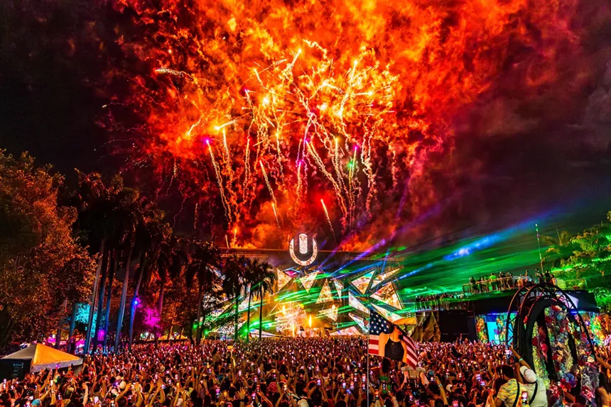 Fireworks shooting over the main stage at Ultra Music Festival in Miami
