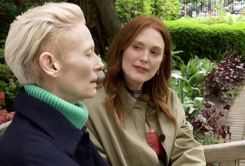 Still of Tilda Swinton and Julianne Moore in The Room Next Door.
