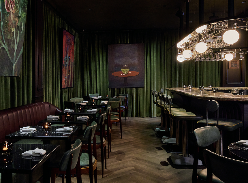 a dimly lit dining room