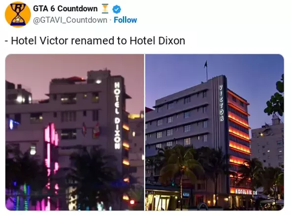 Side-by-side comparison of Hotel Victor and its fictional counterpart, Hotel Dixon, in GTA 6