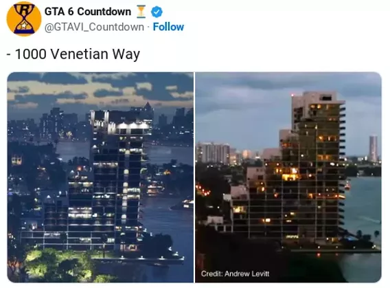 Side-by-side image showing 1000 Venetian Way and the Venetian Causeway in real life and in the GTA 6 trailer