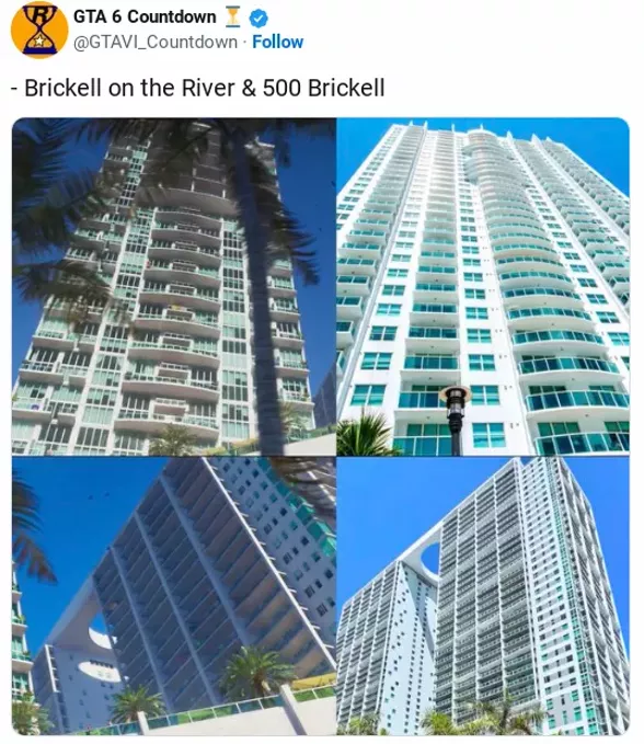 Side-by-side image showing Brickell on the River and 500 Brickell in the GTA 6 trailer and in real life