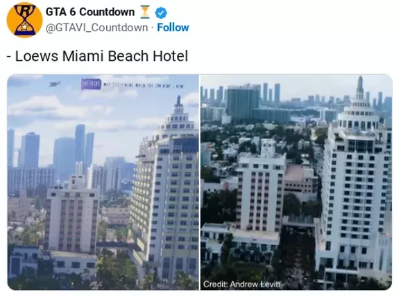 Side-by-side comparison of the Loews Miami Beach Hotel and its GTA 6 trailer counterpart