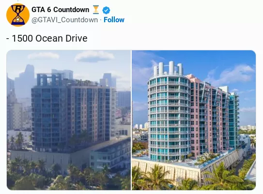 Screenshot showing the 1500 Ocean Drive building in the GTA 6 trailer next to its real-world Miami Beach counterpart