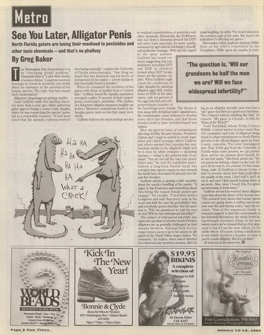 a page from a 1995 issue of Miami New Times that contains a story about the effects of pesticides on alligators in North Florida, as well as a row of four small ads