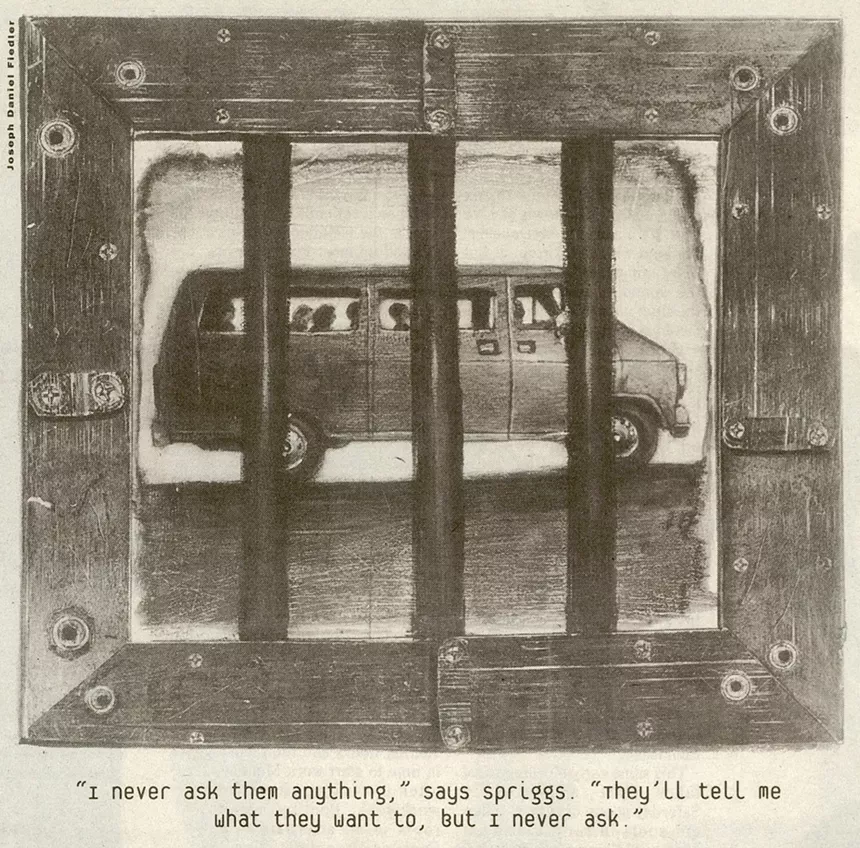 black and white illustration of a van carrying passengers, viewed through barred prison windows in the foreground