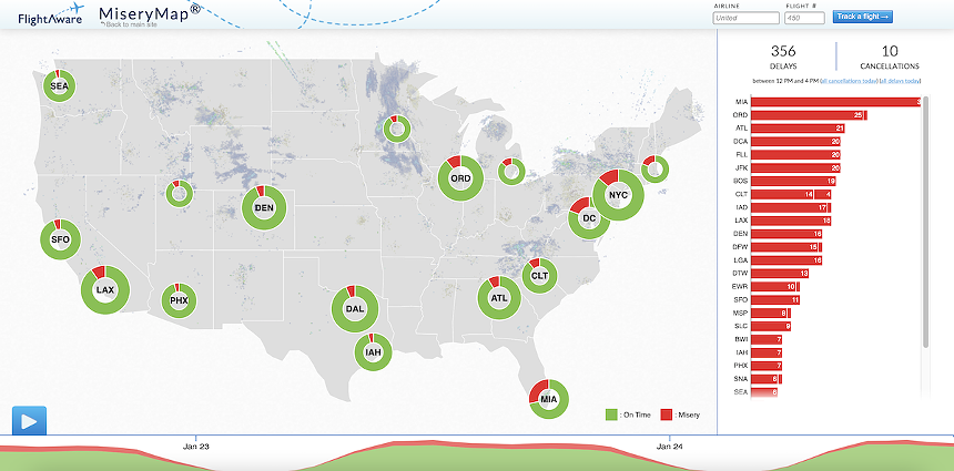 A U.S. map displaying delayed flights in green.