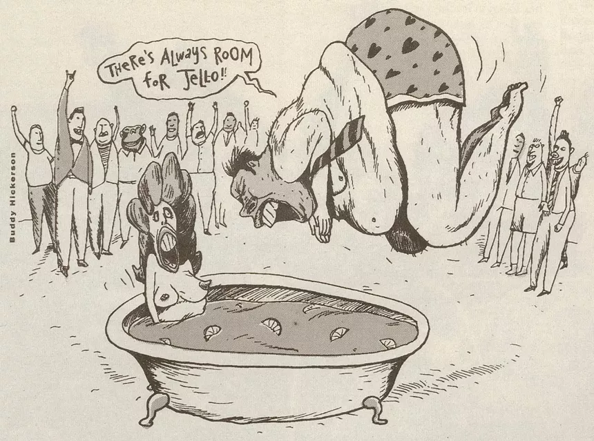 black-and-white cartoon depicting an obese man, wearing boxer shorts with little hearts on them, who's diving into a bathtub filled with Jell-O and a topless woman, as a crowd of men cheers
