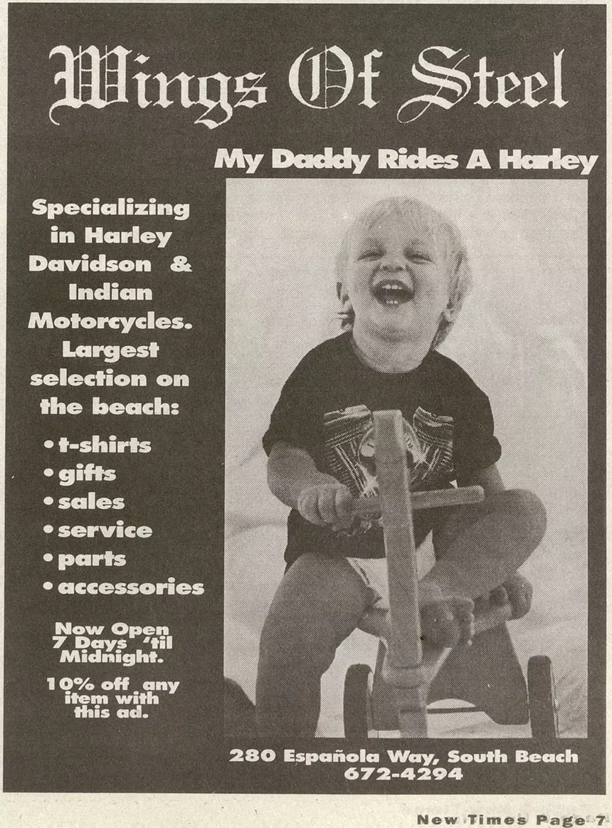 a black and white advertisement for Wings of Steel, a motorcycle dealership in South Beach in the 1990s
