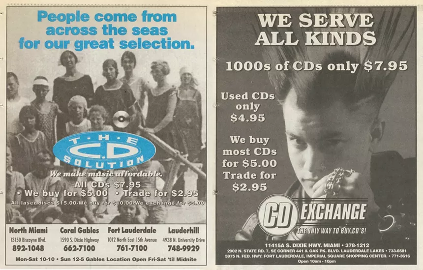 1990s ads for two different CD stores in Miami, presented side by side