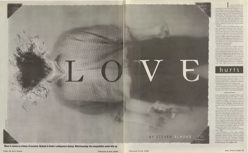 a spread in a 1990s alternative weekly, featuring a photo-illustration that depicts a male figure holding a large pistol and with a chaotic heart shape where his head should be