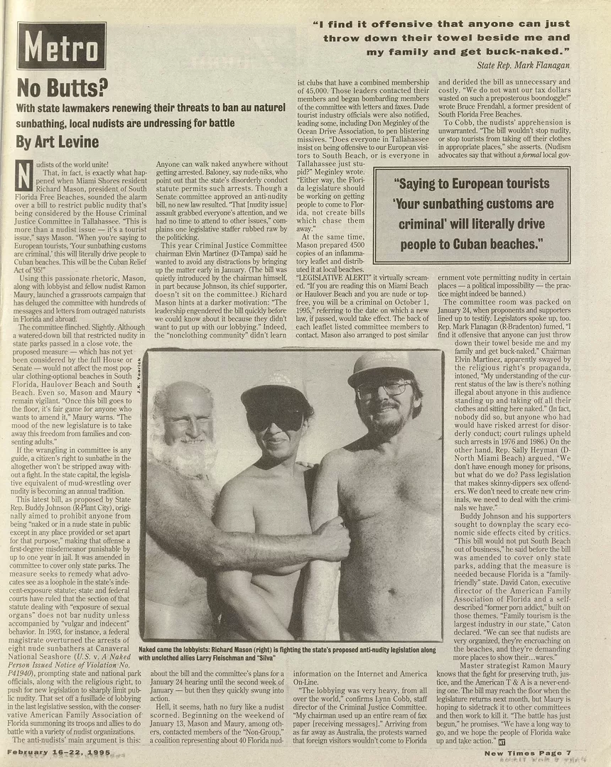 A screenshot of a Miami New Times print issue containing a story about a Florida legislative bill that would prohibit nude beaches. The accompanying photo shows three naturists, discreetly posed in the altogether.