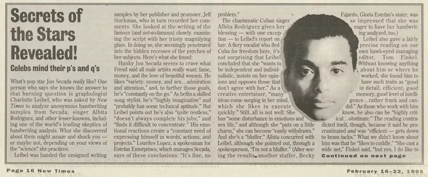 Screenshot of part of a sidebar from a Miami New Times profile of handwriting analyst Charlotte Leibel, by Art Levine
