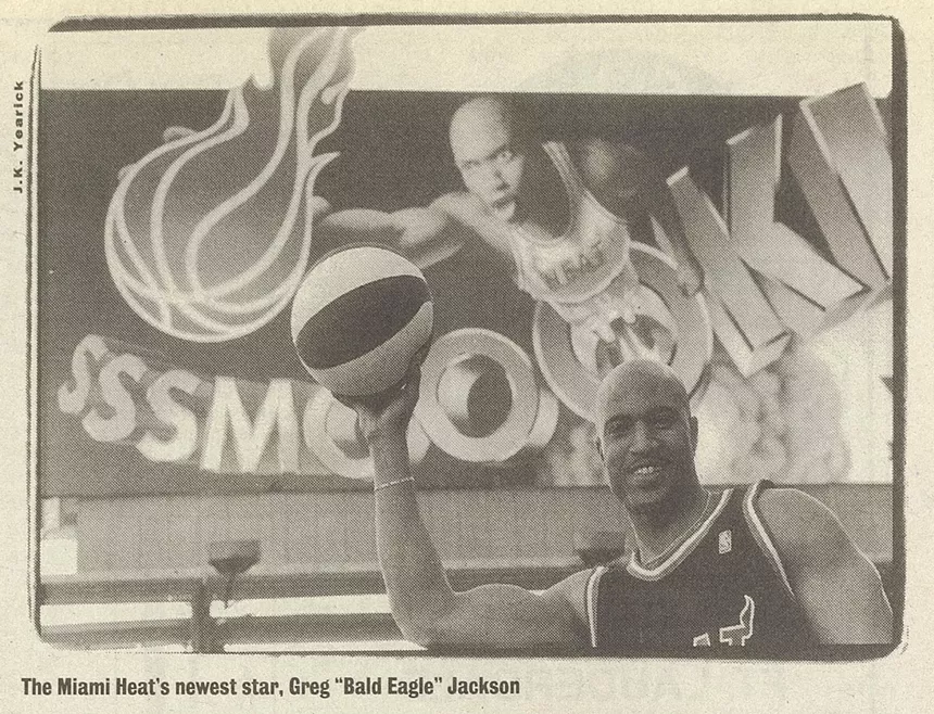 Screenshot of a page from the February 16, 1995, issue of New Times, showing a photo that ran alongside a story about a billboard campaign about the Miami Heat whose model wasn't a pro basketball player
