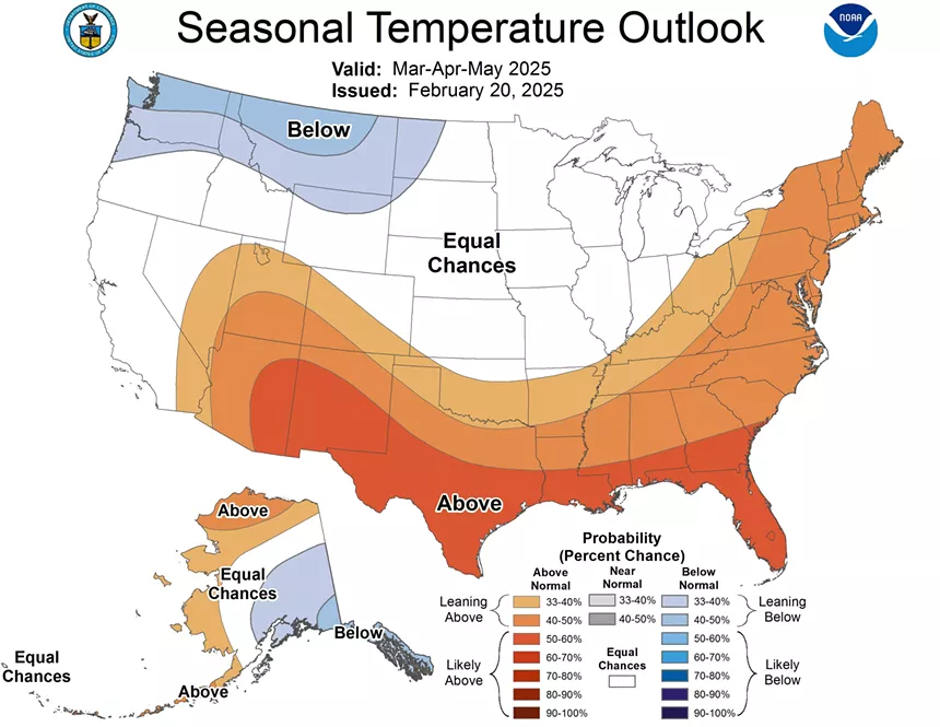 National Oceanic and Atmospheric Administration (NOAA) map of the U.S. showing seasonal temperature outlook for March through May