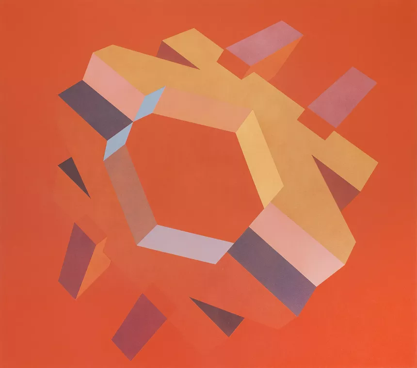 color-blocked, geometric acrylic painting on a canvas
