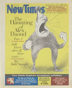 Screenshot of the cover of the October 17–23, 1996, issue of Miami New Times, a local alternative weekly newspaper; the main image is a caricature of disgraced Miami Beach mayor Alex Daoud by Steve Brodner