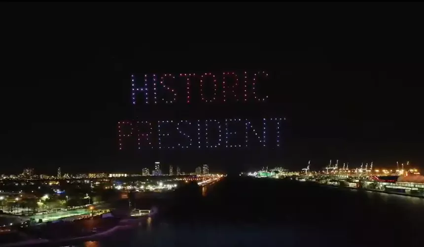 clip from splash reel touting a scarcely noticed Trump drone show over the Port of Miami and Biscayne Bay