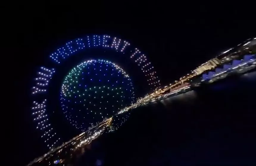 clip from splash reel touting a scarcely noticed Trump drone show over the Port of Miami and Biscayne Bay