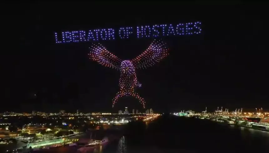 clip from splash reel touting a scarcely noticed Trump drone show over the Port of Miami and Biscayne Bay