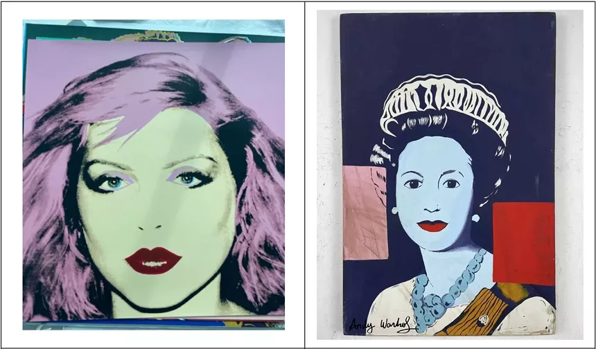 Two framed Andy Warhol pop art images. The image on the right is Queen Elizabeth.