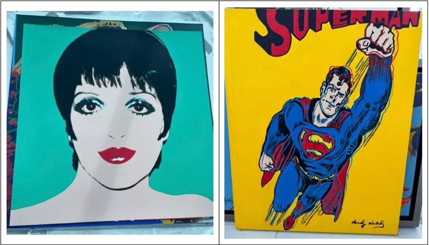 Two Andy Warhol pop art images. Liza Minelli pop art is on the left. Superman pop art is on the right.