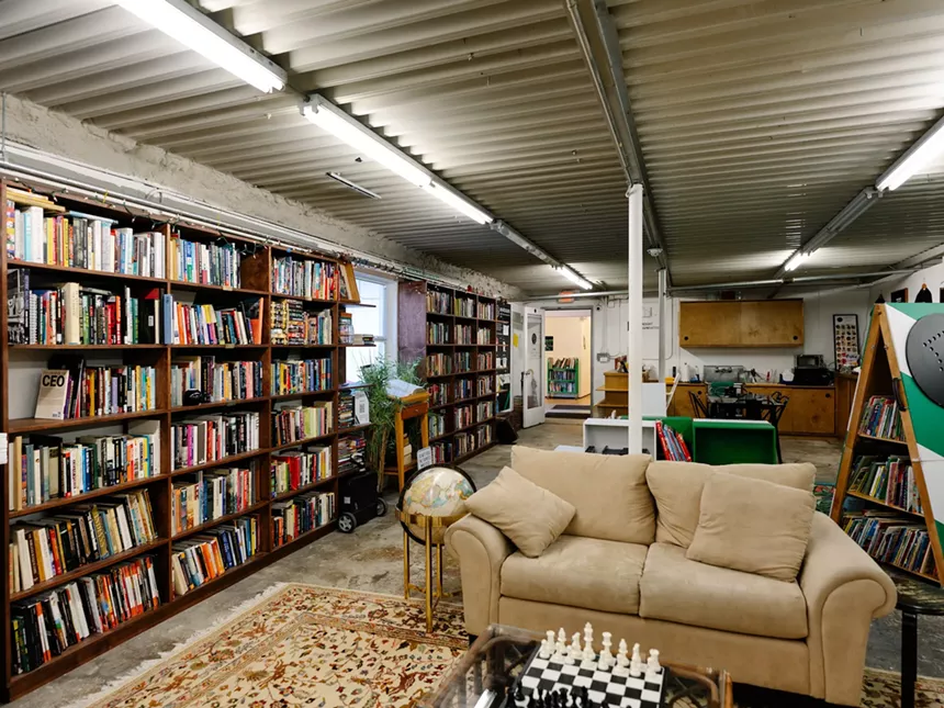library with a comfortable couch