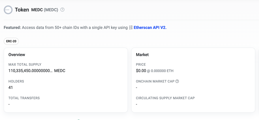 A white screen with black writing of the crypto token MEDC. It has 41 holders and sits at a price of $0.