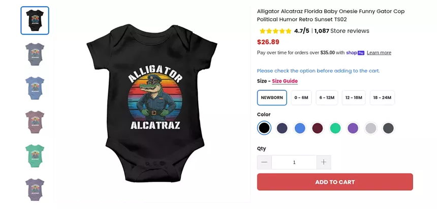 Alligator wearing a police uniform on a baby onesie that says "Alligator Alcatraz"