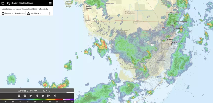 weather radar screenshot showing a lot of precipitation over South Florida