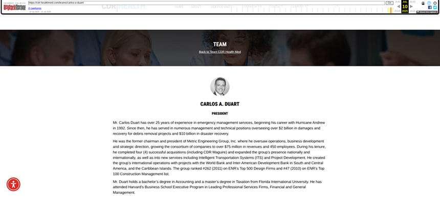 The bio for Carlos Duart, who runs the consulting firm CDR Companies and its affiliates CDR Health and CDR Emergency Management