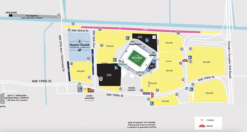 Map of the parking around Hard Rock Stadium in Miami Gardens