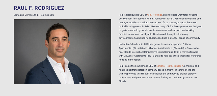 A photo and bio for Raul Rodriguez, the CEO of CREI Holdings.