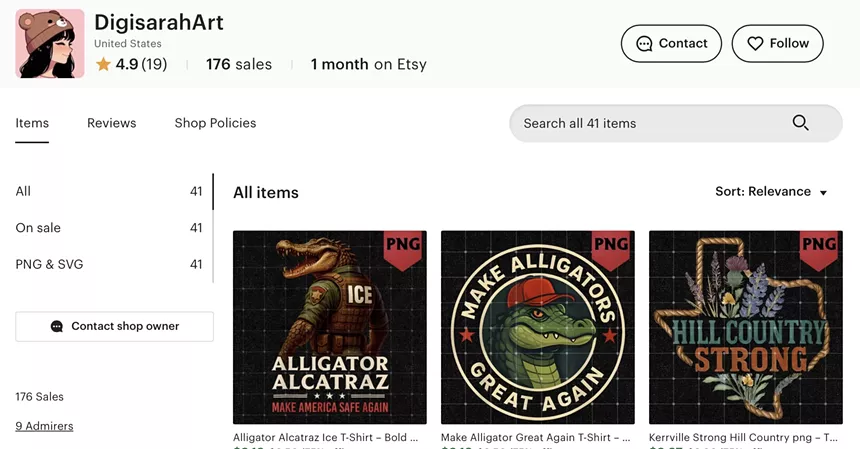 Shirt prints show apparent AI images of alligators in an Etsy seller's Alligator Alcatraz merchandise section.