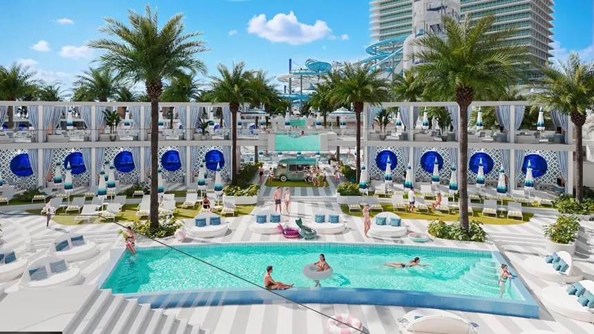 rendering of a hotel pool with guests, poolside cabanas, and a water park in the background
