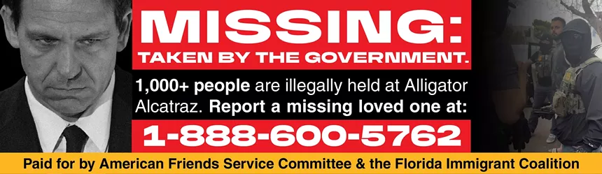A billboard accusing Governor Ron DeSantis and authorities of illegally detaining more than 1,000 immigrants at Alligator Alcatraz.