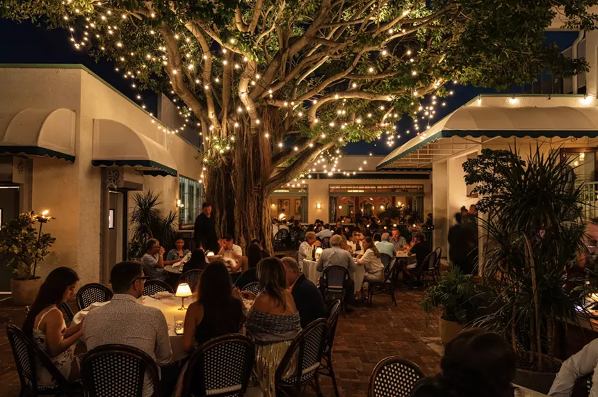 a banyan tree covered in beautiful sparly bistro lights at night looks over people dining in an outdoor patio