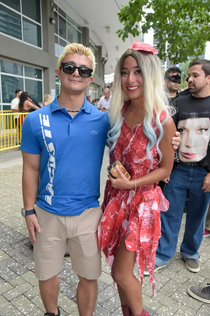 Lady Gaga fan wearing a meat dress costume at a concert in Miami