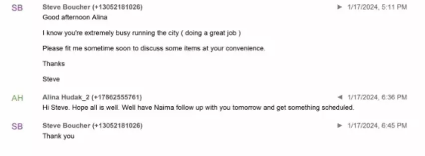 A screenshot of text messages between Steve Boucher and Alina Hudak