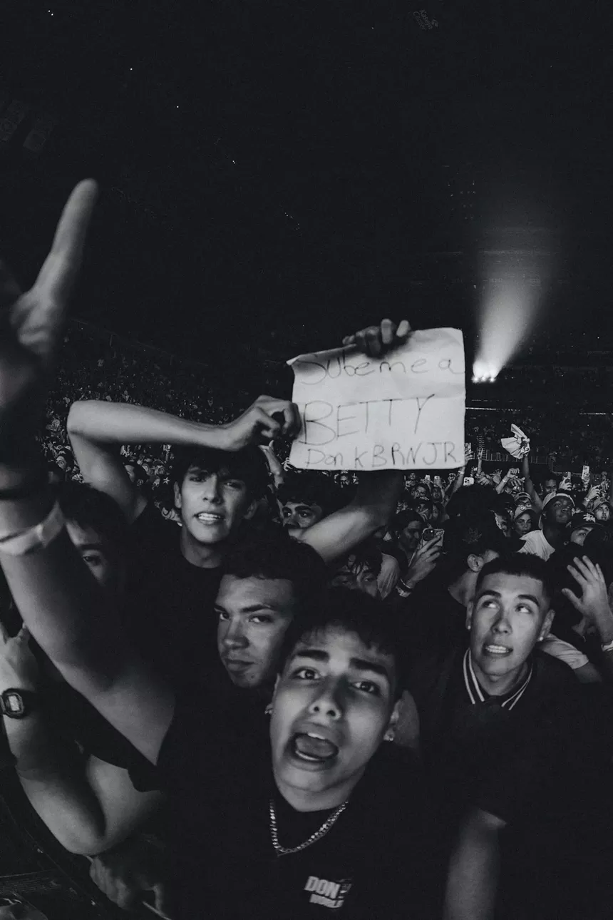 Black and white picture of fans at a concert.