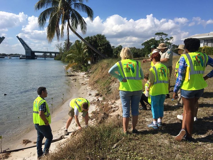 HMS Scouts at Jupiter Inlet Lighthouse Outstanding Natural Area. The mangrove line marks the shoreline prior to Hurricane Matthew. - PHOTO BY SARA AYERS-RIGSBY