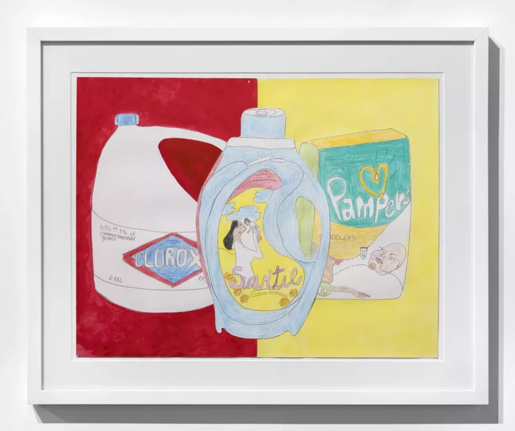 Home Supply Collage (2017): Crayon, colored pencil, watercolor, and hand-colored digital print on German etching paper. - COURTESY OF THIERRY GOLDBERG GALLERY