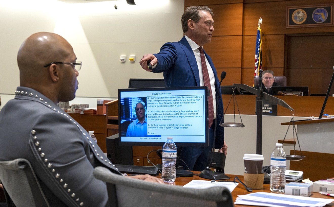 Rapper Flo Rida appears in Broward County court during his attorney John Uustal's closing argument in his lawsuit against energy drink company Celsius.