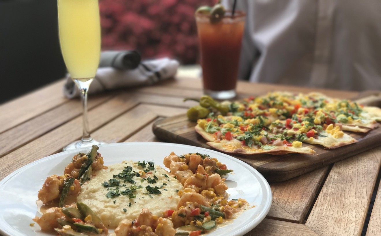 Shrimp 'n' grits and a breakfast flatbread are on the menu at Brimstone's new bottomless brunch at CityPlace Doral.