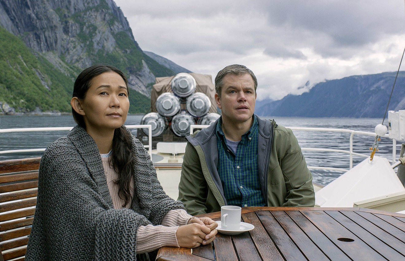 Hong Chau (left) plays Ngoc Lan Tran, a Vietnamese dissident whose government shrank her, and Matt Damon is Paul Safranek, an all-American schlub who gets cut down to size, in Alexander Payne’s apocalyptic cli-fi satire Downsizing.