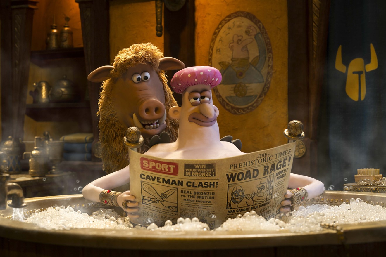 Hognob, a wordless warthog who grunts, wheezes and howls,  finds Lord Nooth (voiced by Tom Hiddleston) in the bathtub during one well-executed scene in Nick Park’s caveman-centric animated feature Early Man.