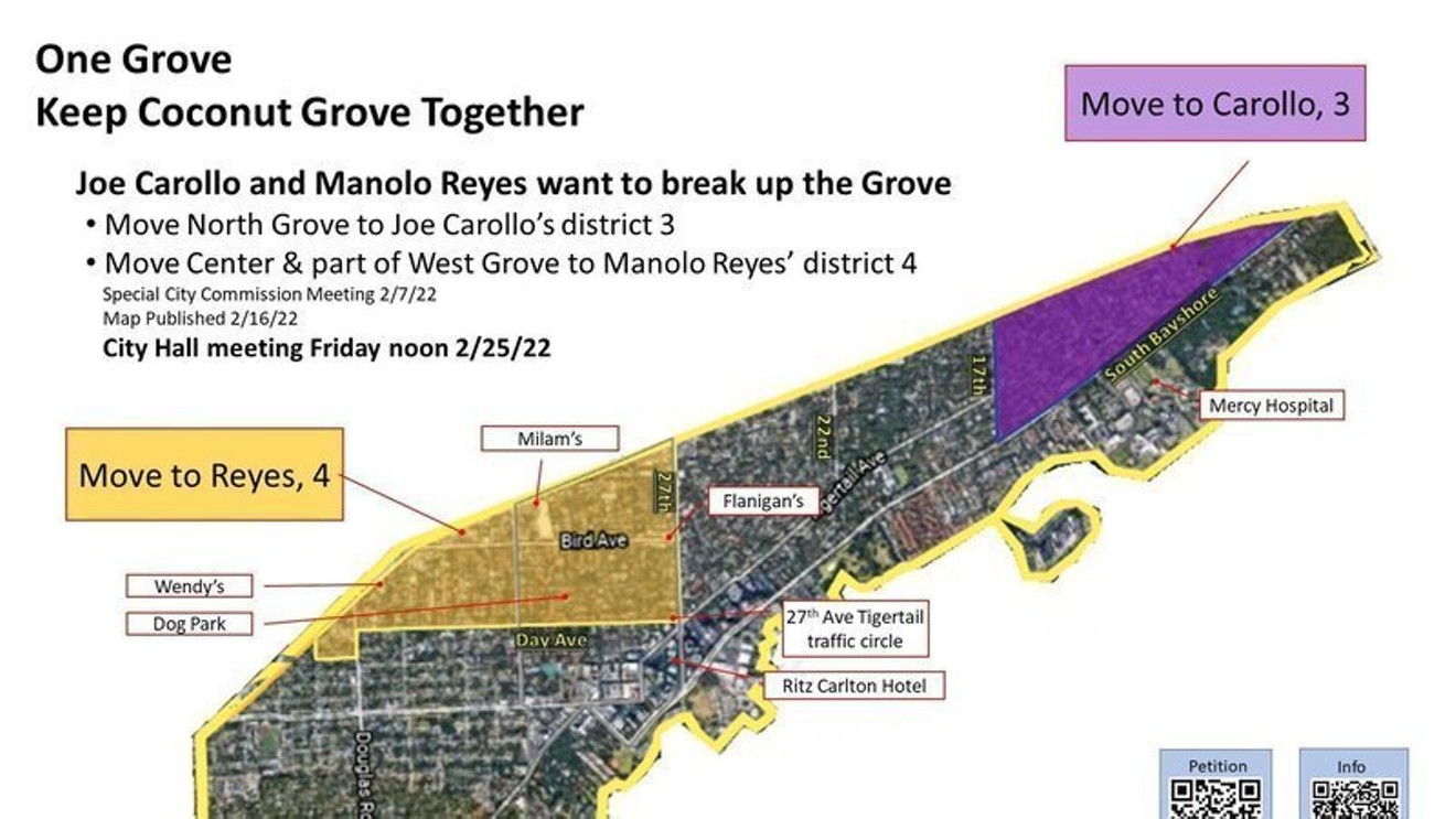 The first 2022 redistricting map excised two chunks of Coconut Grove from Commission District 2 and moved them to District 3 (purple) and District 4 (yellow).