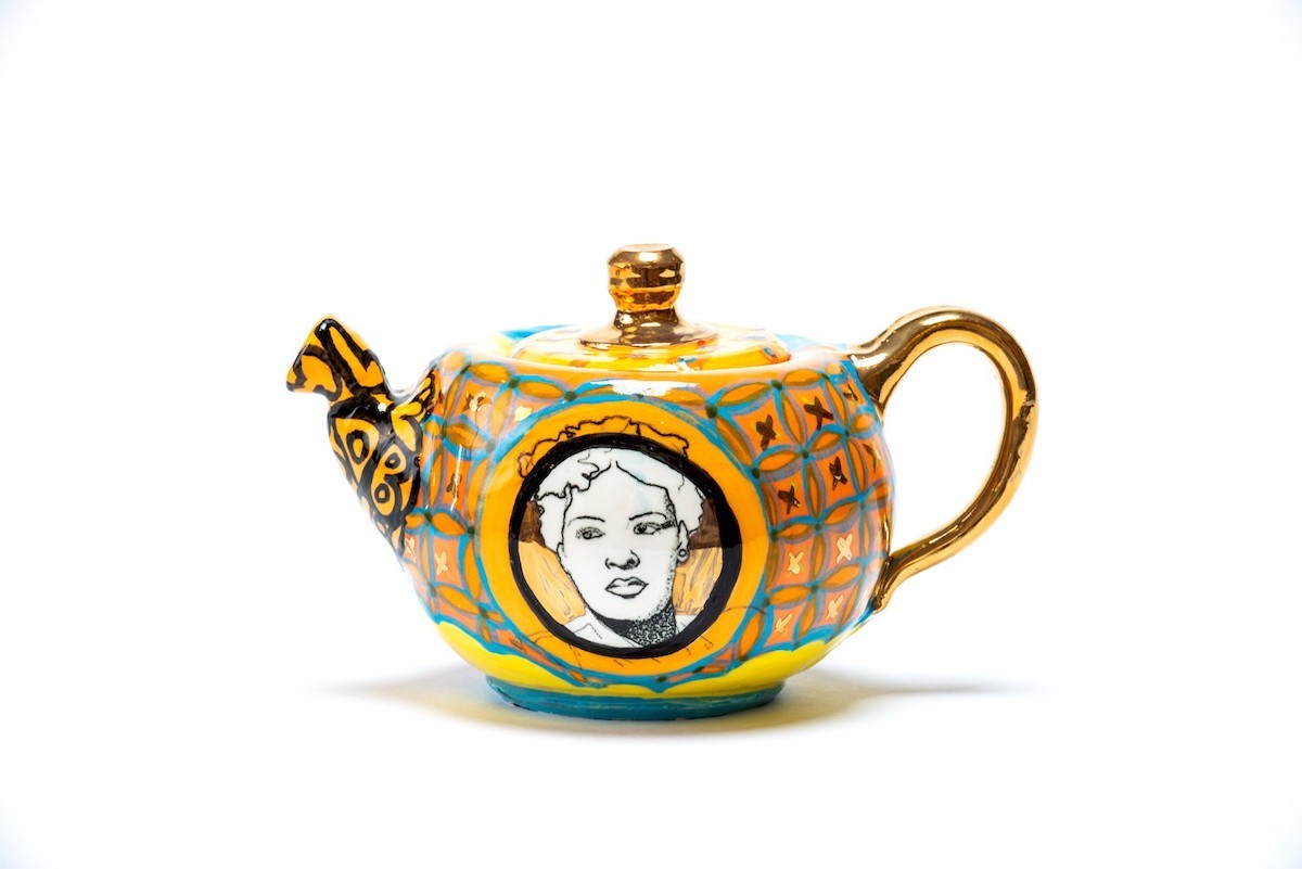 To Disarm: Ella Fitgerald Teapot (II), 2020, is by Philadelphia-based ceramicist Roberto Lugo, presented by Kieran Wexler Gallery.